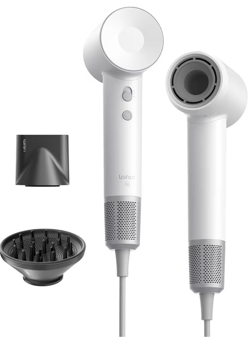 Laifen White Hair Dryer with Diffuser & Concentrator Nozzles
